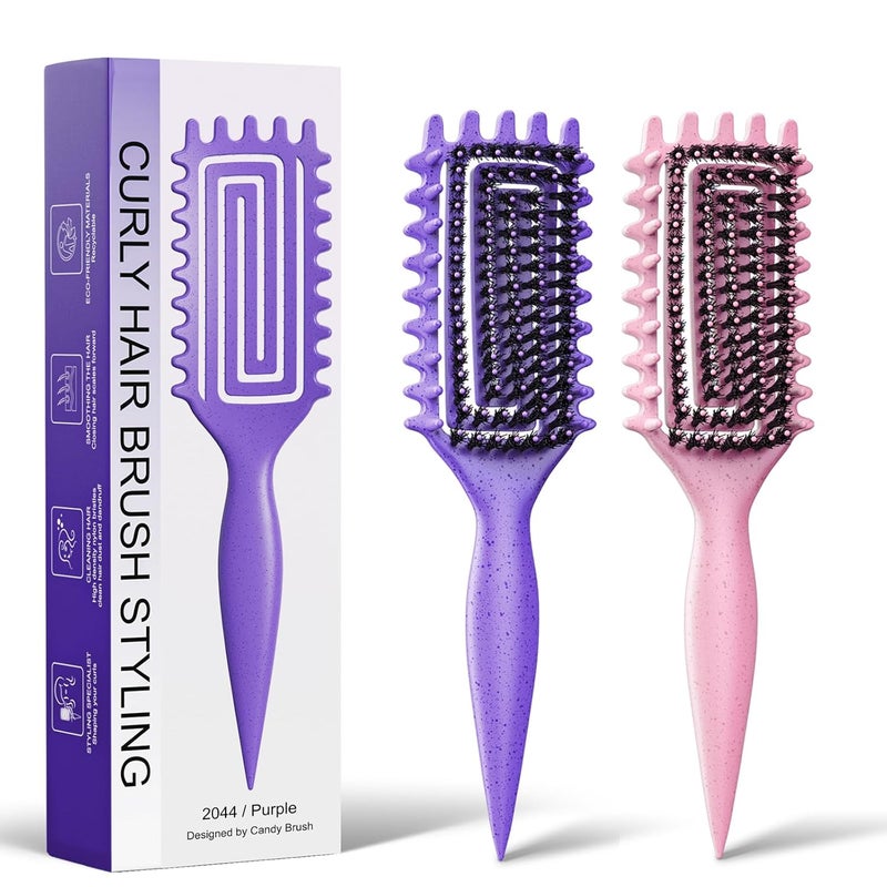 Weldilgit 2-Pack Curly Hair Brush, Curl Defining Brush with Soft Boar Bristles Detangling Tangled Glides, Wide-Teeth Design Effortlessly Shaping & Defining Curls, Curling Definer for Wet & Dry Hair(Pink Purple) - Image 1